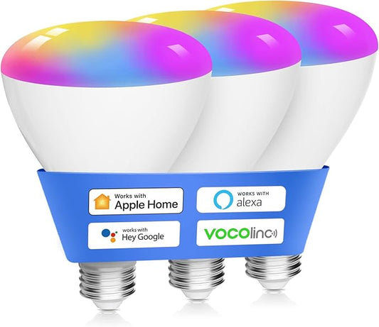 VOCOlinc Smart Light Bulbs 3Pack, BR30 RGBW Color Changing Light Bulb Works with Alexa, Apple Homekit and Google Assistant, Multicolor 2200K-7000K Dimmable, 800 Lumens 9.5W (60W Equivalent) E26 Base