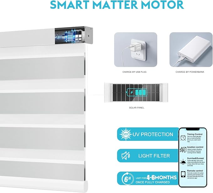 Motorized Zebra Blinds with Remote Smart Blind Work with Homekit Alexa SmartThings Electric Day and Night Shade Cordless Automatic Solar Powered Window Shade Customize(Classic White)