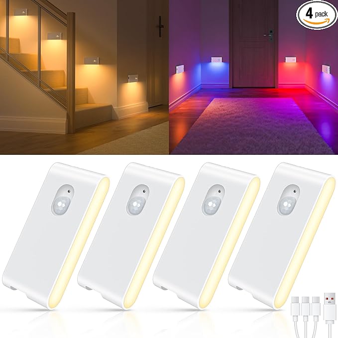 WILLED Stair Lights Indoor RGB & Warm White,Rechargeable Motion Sensor Night Light,Wireless Motion Sensor Lights Indoor for Stair,Bathroom,Hallway,Kitchen,Closet,Cabinet,Bedroom,Kids' Room