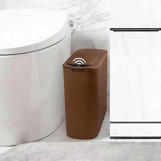 TIPGO Automatic Motion Sensor Bathroom Trash Can with Lid, 2.6 Gallon Touchless Trash Bin, Smart Garbage Can Plastic Slim Wastebasket for Bedroom, Office, Dorm (Brown)