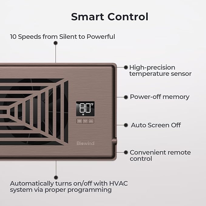BIOWIND Quiet Register Booster Fan Fits 4" x 10" Register Holes, 10-Speed Smart Heating Cooling AC Vent Fan with Remote Control and Thermostat Control - Bronze