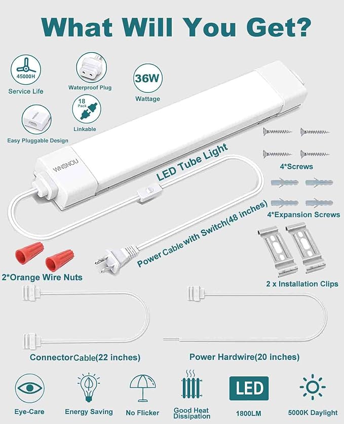 WNSNOU LED Tube Light Fixture with Plug, 1.4FT-2pcs 1800LM 5000K Utility Shop Light, Linkable Cabinet Light for Garage, Kitchen, Bathroom, Closet, Office - 1.4Ft, Triproof, White