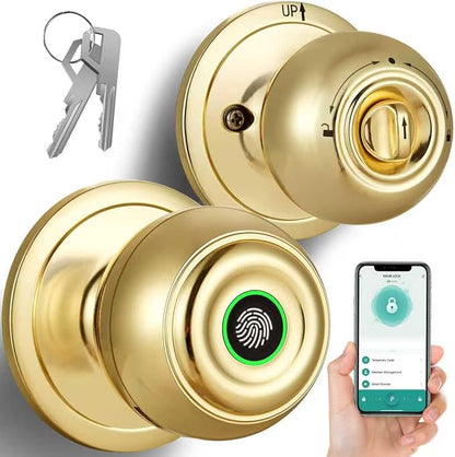 Smart Door Knob with Lock,Keyless Entry Fingerprint Door Lock,Bright Brass | Smart Lock with Auto-Lock , App, Key, Fingerprint Door Locks for Front Door, Garage, Apartment, Hotel, Interior, Exterior