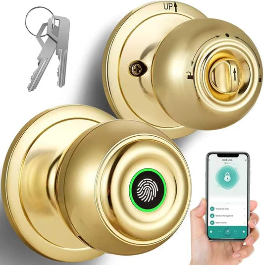 Smart Door Knob with Lock,Keyless Entry Fingerprint Door Lock,Bright Brass | Smart Lock with Auto-Lock , App, Key, Fingerprint Door Locks for Front Door, Garage, Apartment, Hotel, Interior, Exterior