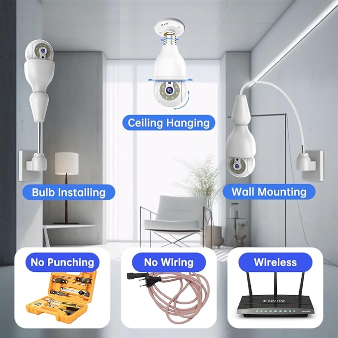 EVERSECU HD 2K 3.0MP Wireless Lightbulb Security Camera with E27 Light Connector, Motion Auto Tracking PTZ, 2 Way Audio, Spotlight Night Vision, Free APP, WiFi Screw-in CCTV Camera, White(4pack)
