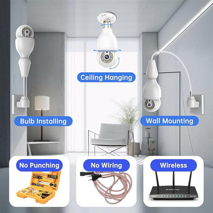 EVERSECU HD 2K 3.0MP Wireless Lightbulb Security Camera with E27 Light Connector, Motion Auto Tracking PTZ, 2 Way Audio, Spotlight Night Vision, Free APP, WiFi Screw-in CCTV Camera, White(4pack)