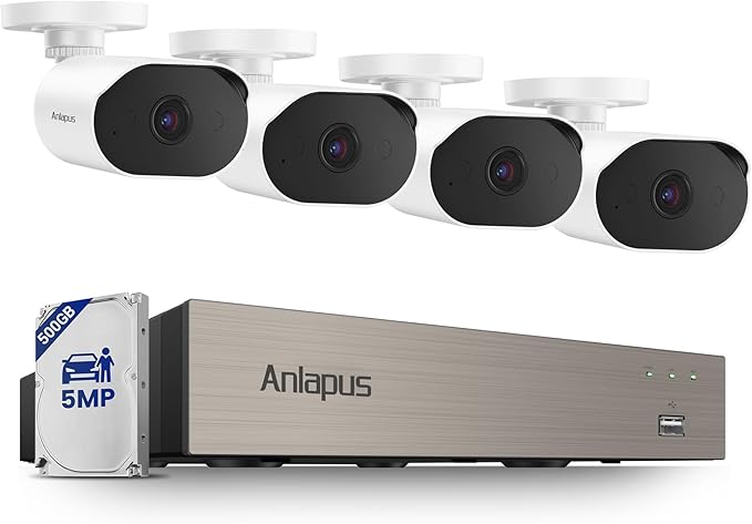 Anlapus 5MP Wired Security Camera System, Human Vehicle Detection, Night Vision, Audio Recording, 4pcs 5MP Outdoor Indoor Camera, 8CH CCTV DVR with 500GB Hard Drive for 24/7 Home Surveillance