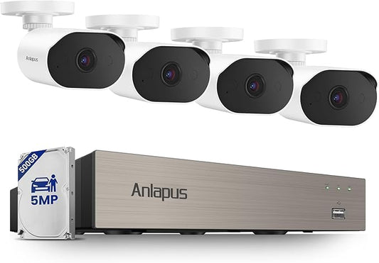 Anlapus 5MP Wired Security Camera System, Human Vehicle Detection, Night Vision, Audio Recording, 4pcs 5MP Outdoor Indoor Camera, 8CH CCTV DVR with 500GB Hard Drive for 24/7 Home Surveillance