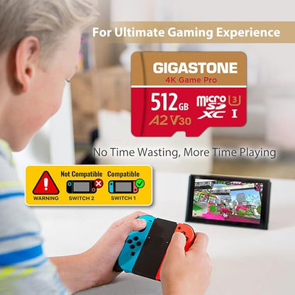 【for Switch 1 Only】 GIGASTONE 512GB Micro SD Card, 4K Game Pro, Memory Card for Gaming Console, Action Camera, UHD Video, R/W up to 150/120 MB/s, UHS-I U3 A2 V30 C10【5-Years Data Recovery】
