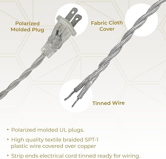 Royal Designs, Inc. 8Ft Twisted Rayon Lamp Cord with NEMA-15P Plug, Rotary Dimmer Switch, Stripped Ends Ready for Wiring, SPT-1 UL Listed, Silver - Pack of 1