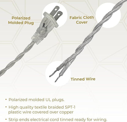 Royal Designs, Inc. 8Ft Twisted Rayon Lamp Cord with NEMA-15P Plug, Rotary Dimmer Switch, Stripped Ends Ready for Wiring, SPT-1 UL Listed, Silver - Pack of 2