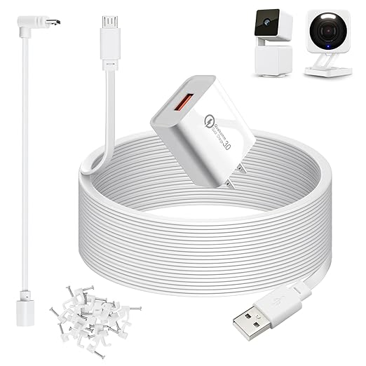 weishan 50ft Power Cable for Wyze Cam v4,Wyze Cam Pan v3,Wyze OG, v3 Pro Security Cameras - 15m Long Flat Extension Micro USB Charging Cord with L-Shaped Short Adapter and 18W Fast Charger, White