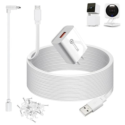 weishan 50ft Power Cable for Wyze Cam v4,Wyze Cam Pan v3,Wyze OG, v3 Pro Security Cameras - 15m Long Flat Extension Micro USB Charging Cord with L-Shaped Short Adapter and 18W Fast Charger, White