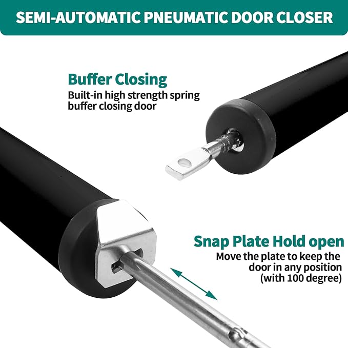 Screen and Storm Door Closer Kit, Heavy Duty Pneumatic Screen and Storm Door Closer, Screen and Storm Door Push Button Latch Set Replacement Kit, Adjust Smooth Closing Speed (Black)