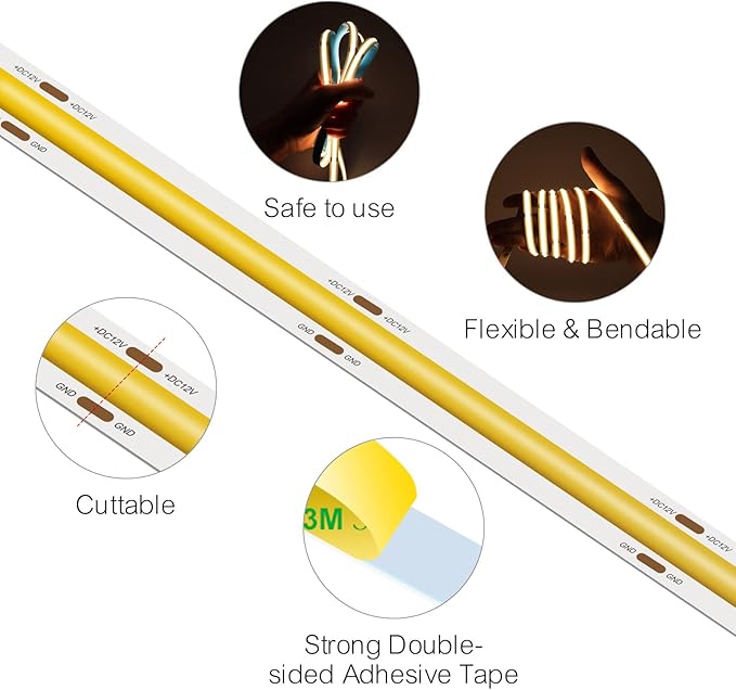 DC 24V COB LED Strip Light 4000K Natural White Color 480LEDs/m 16.4FT/5M CRI>90 High Bright LED Tape Ribbon for Hotel Office Kitchen Bedroom Home Decor (DC24V, Without Power Supply)