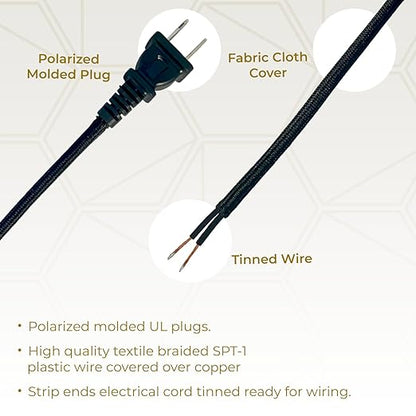 Royal Designs, Inc. Lamp Cord Molded Plug with Dimmer Switch, Stripped Ends Ready for Wiring, 8 ft long, Black, SPT-1 UL Listed, Set of 2 (CO-5001D-BLK-8-2)