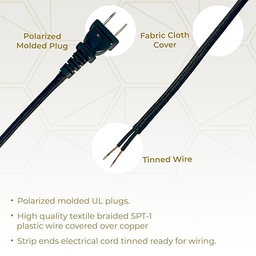 Royal Designs, Inc. Lamp Cord Molded Plug with Dimmer Switch, Stripped Ends Ready for Wiring, 8 ft long, Black, SPT-1 UL Listed (CO-5001D-BLK-8-1)