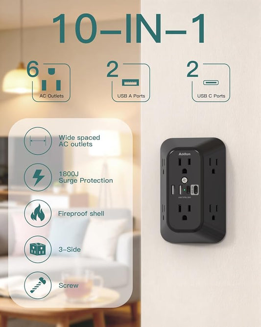 Addtam 6-Outlet Extender Surge Protector, Multi Plug Wall Outlet with 4 USB Wall Charger(PD 30W), Plug Extension Outlet with 1800J, Outlet Splitter Power Strip for Home Office, Black