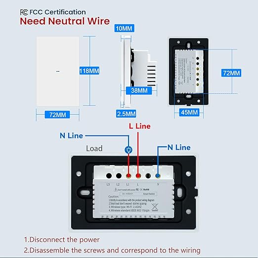 Smart Light Switch Need Neutral Wire,FCC Certified,2.4GHz WiFi Push Button Switch Compatible with Alexa,APP Control Compatible with Tuya/Smart Life,White 1 Gang