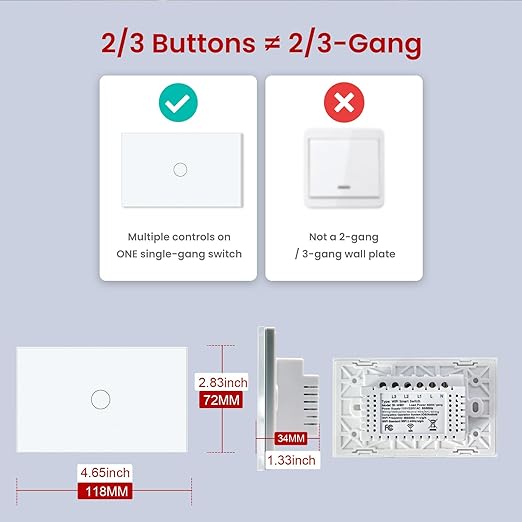 Smart Switch 118X72X34MM Neutral/No Neutral Wire Required, 2.4GHz Wi-Fi,Compatible with Alexa and Google Home 220V, White 1 Gang 1 Pack