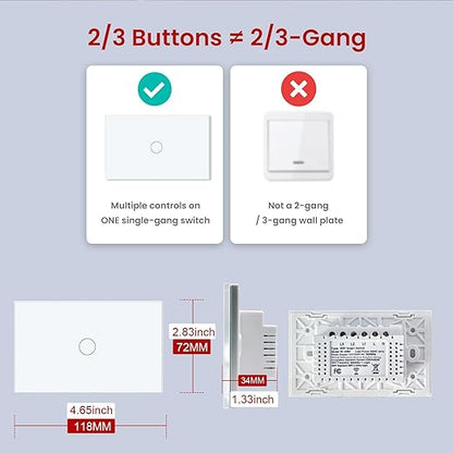 Smart Switch 118X72X34MM Neutral/No Neutral Wire Required, 2.4GHz Wi-Fi,Compatible with Alexa and Google Home 220V, White 1 Gang 1 Pack