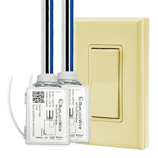 RunLessWire 2 Fixture Battery-Free DIY Kinetic Wireless Light Switch Kit 150ft RF Range for Different Fixtures or Outlets: 1 Remote Switch Controls 2 5A On/Off Receivers Simultaneously Ivory