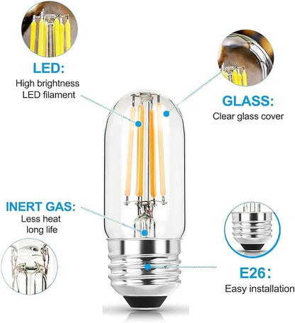3.2 Inch 2700K Soft White E26 LED Bulb 60 Watt Equal, AC 120V 600LM Edison Bulbs Dimmable, 6W T10 T30 Tubular Filament Light Bulbs Clear Glass for Fan Pendant Wall Light, UL Certified-6 Pack