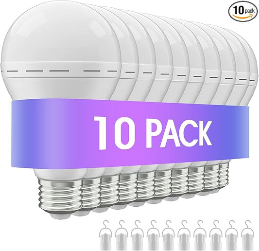 Rechargeable Emergency Led Light Bulb with Hook,Stay Lights Up When Power Failure, 1500mAh 12W 60W Equivalent LED Light Bulbs for Home, Camping, Hiking, 10 Pack