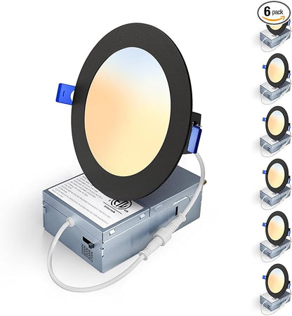 6 Pack 4 Inch 5CCT LED Recessed Light, Silm Canless Recessed Lighting, Dimmable, Damp Rated, 2700K-5000K Selectable, Wafer Ceiling Downlight with Junction Box, 750LM, 9W 120V, Black, ETL&FCC