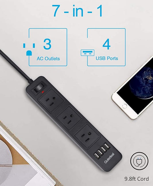 10FT 2 Prong Power Strip, USB Power Strip with 10ft Extension Long Cord, 3-Outlet Surge Protector with 4 USB Charging Ports for Smartphone, Black, 2 Pronged