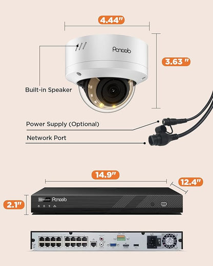 16 Channel Security Camera System, 12x 5MP Wired IK-10 Vandal Dome PoE Camera Outdoor, Human Vehicle Detection, Smart Color Night Vision, 2 Way Audio, NVR 4TB HDD, 24-7 Recording, PD54Y1216-5M