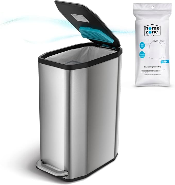 Home Zone Living 13 Gallon Slim Kitchen Trash Can with CleanAura Odor Control, Stainless Steel, Silver, 50 Liters