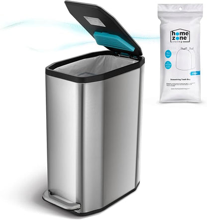 Home Zone Living 13 Gallon Slim Kitchen Trash Can with CleanAura Odor Control, Stainless Steel, Silver, 50 Liters