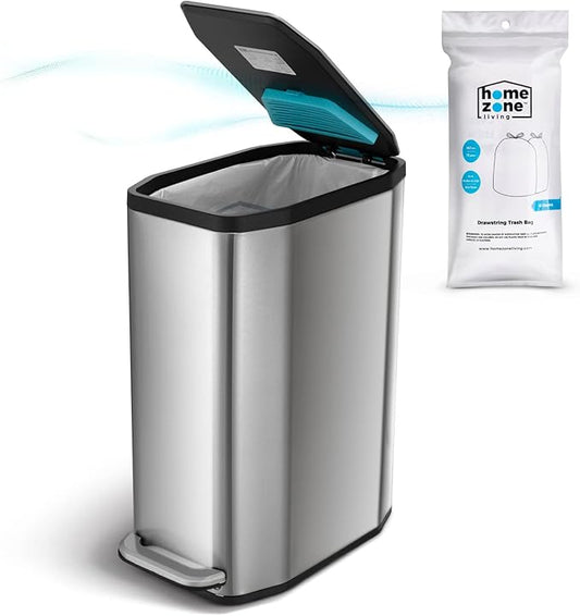 Home Zone Living 13 Gallon Slim Kitchen Trash Can with CleanAura Odor Control, Stainless Steel, Silver, 50 Liters