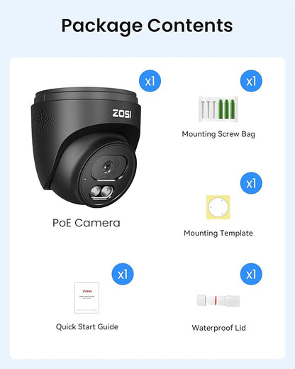 ZOSI C220 4MP 2.5K QHD Add-On PoE IP Camera Outdoor, 1440p Surveillance Outdoor Camera for PoE Security System, 100ft IR Night Vision, AI Human Detection, Two-Way Audio, Only Work with Our NVR