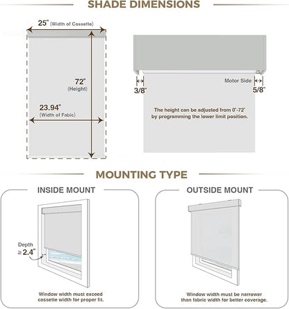HeyBlinds Blackout Motorized Smart Blinds with Remote, Automatic Electric Shades for Windows (Breeze- Light Grey BO, 25" W x 72" H)