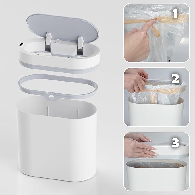 SYNCVIBE Bathroom Trash Can with Lid 2 Gallon Slim Motion Sensor Garbage Can Narrow Automatic Plastic Trash Bin for Bedroom, Living Room, Toilet, Office (White)