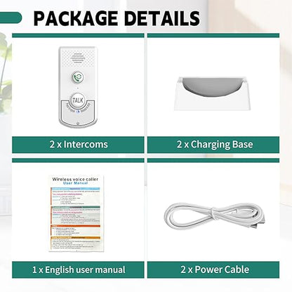 2 Way Voice Intercom, Long Range Wireless Intercomunicador Home Communication System Doorbell Unit, 100m Range Indoor Intercoms Calling System Room to Room Intercom for House, Hospital, Hotel