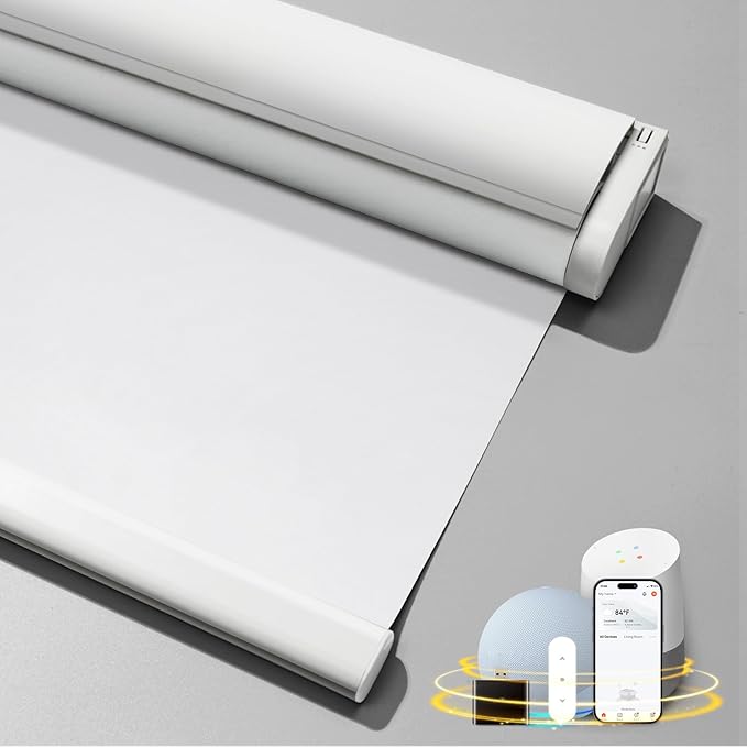 Motorized Blinds with Remote, 100% Blackout, Smart Blinds for Window, Compatible with Alexa Google Assistant, White, 34" W x 72" H