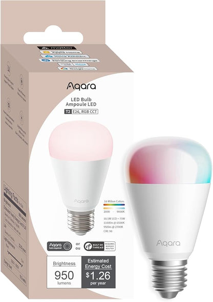 Aqara Thread/Zigbee Smart LED Light Bulb T2 E26, Tunable White (2000K-9000K), RGB Color Changing Light Bulb with 16 Million Colors, 75W Equivalent, Matter, Works with HomeKit, Alexa, Google
