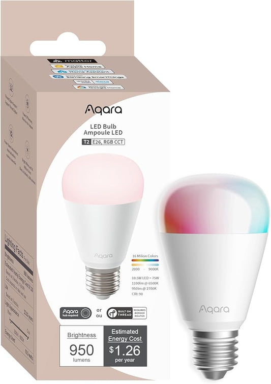 Aqara Thread/Zigbee Smart LED Light Bulb T2 E26, Tunable White (2000K-9000K), RGB Color Changing Light Bulb with 16 Million Colors, 75W Equivalent, Matter, Works with HomeKit, Alexa, Google