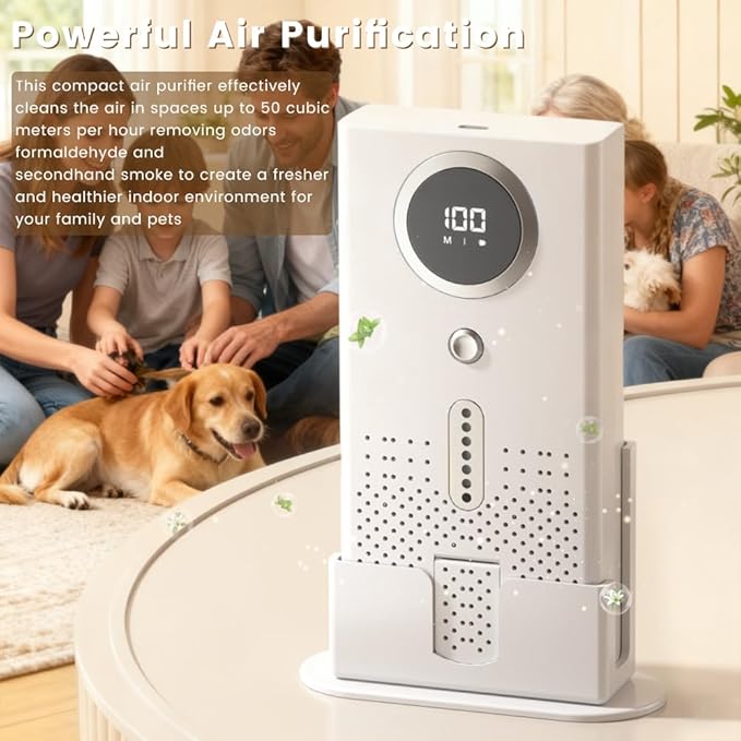 Air Purifier for Home, Compact Ozone Deodorizer with Aroma Diffuser, Car Air Purifier for Pet Rooms, Bathroom, Smoke and Odor Elimination, Desktop Design