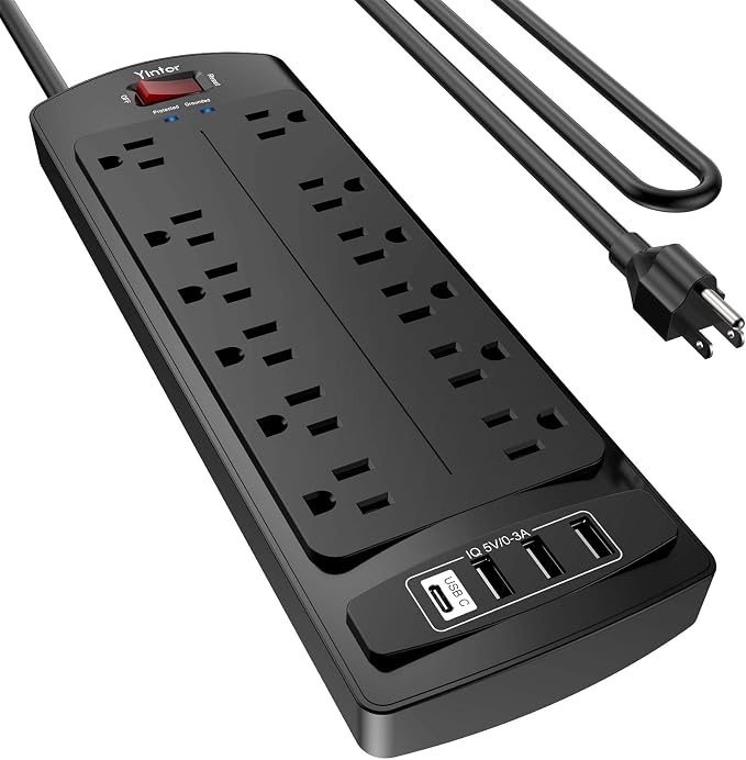 Yintar 6Ft Surge Protector Power Strip with 12 Outlets and 4 USB Ports | 10 Feet Flat Plug Extension Cord with Multiple Outlets for Home, Office, Dorm Essentials, 2700 Joules, ETL, Black