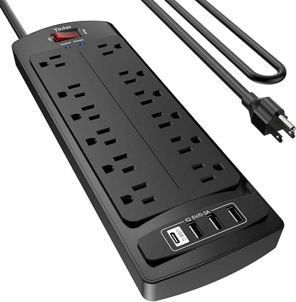 Yintar 6Ft Surge Protector Power Strip with 12 Outlets and 4 USB Ports | 10 Feet Flat Plug Extension Cord with Multiple Outlets for Home, Office, Dorm Essentials, 2700 Joules, ETL, Black