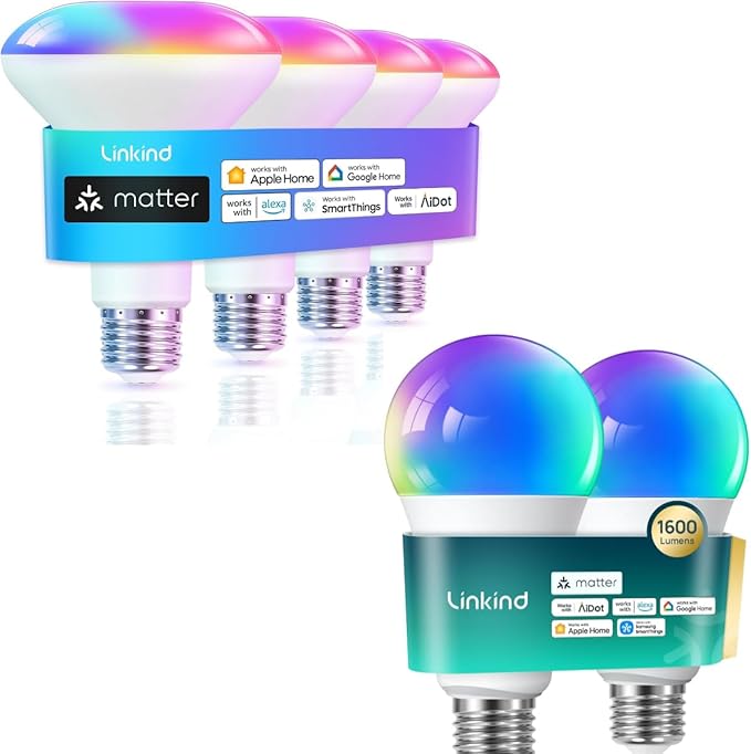 Linkind Matter Smart Light Bubs 1600LM 2 Pack Matter Smart Light Bulbs BR30 650LM 4 Pack, Work with Apple Home/Alexa/Siri/Google Home/SmartThings