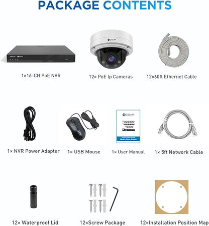 4COVR 16 Channel PoE Security Camera System for Business, 12Pcs IK10 Vandal-Proof 5MP 2.8-12mm Dome IP Cameras IP67, Human/Vehicle Detection, 16CH Commercial 4K NVR & 4TB HDD, LY57BA5M1612-1