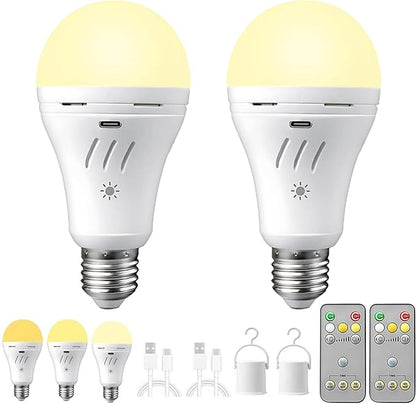 A19 Rechargeable Light Bulbs with Remote,USB & E26 Socket Dual Charging,3 Colors LED Dimmable,Touch,Hardwired & Non-Wired, Battery Operated Backup Light Bulb for Power Outage Camping Outdoor Hurricane