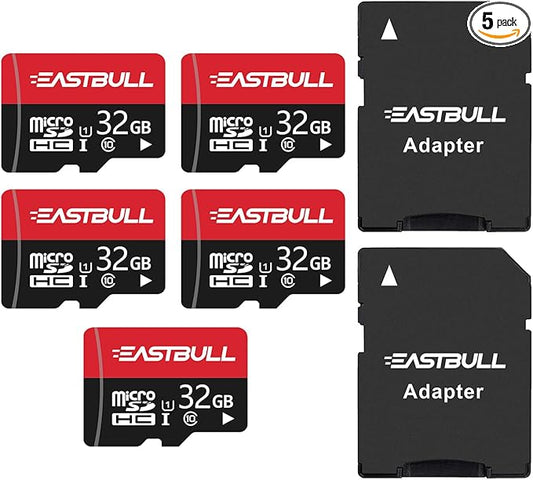 EASTBULL 32GB 5-Pack of Micro SD Cards, 32GB SD Cards Pack Full HD Video 90MB/s UHS-I U1 Micro SDHC Class 10 for Surveillance Security Cam (5 Units and 2 Adapters)