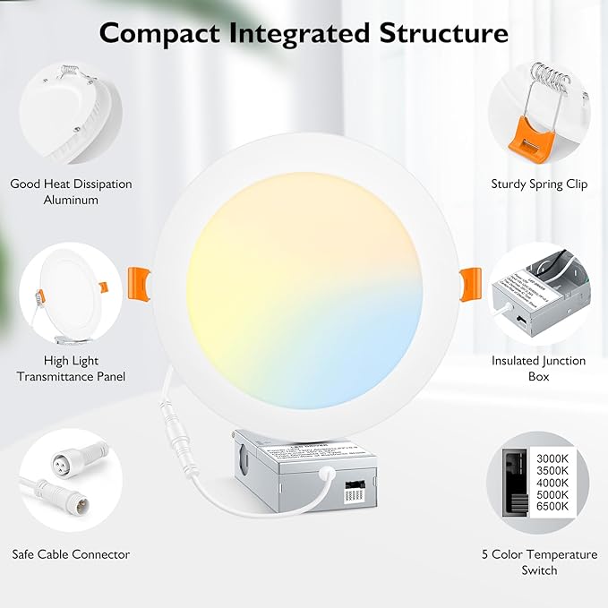 BesLowe 6 Packs 8 Inch 5CCT LED Recessed Ceiling Lights Ultra-Thin with Junction Box, 18W 225W Eqv, 3000K/3500K/4000K/5000K/6500K, 1800LM Dimmable Canless Downlights for Kitchen Hallway Dining Room