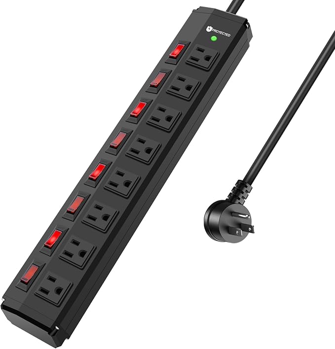 8 Outlet Heavy Duty Power Strip with 8 Individual Switches,Moutable Metal Power Strip Surge Protector 1200 Joules,50FT 14AWG Extension Cord,15A 1800W 125V 60Hz